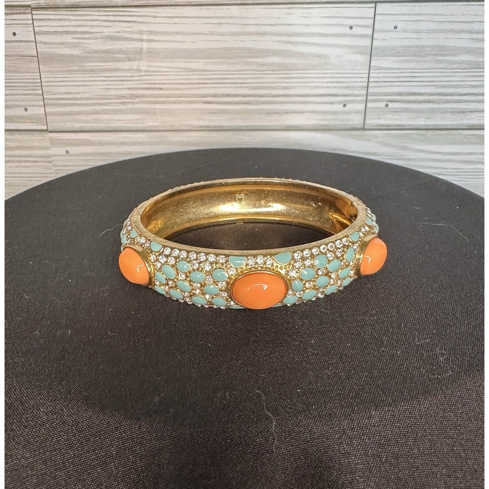 Stella & Dot Coral & Turquoise Hinged Bracelet Cabochon & Rhinestone Clamper 7"